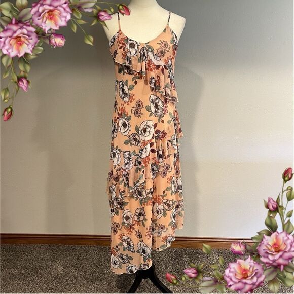 Hiatus Floral Ruffle Asymmetrical Maxi Dress Peach Colored Sundress - Picture 1 of 13
